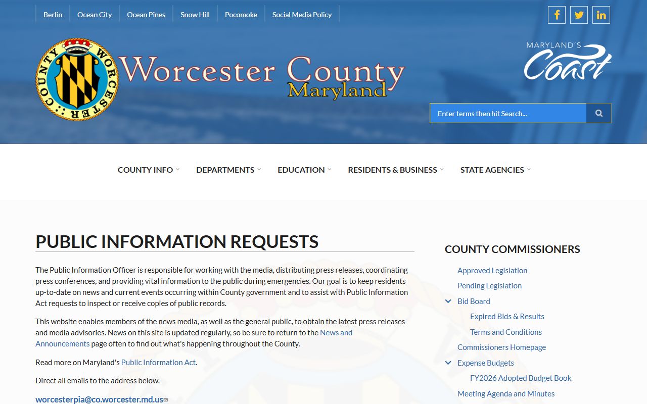 Worcester County Clerk of the Circuit Court records public information request page