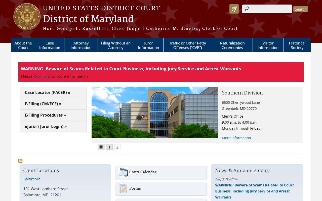 Worcester County court dockets U.S. District Court for the District of Maryland