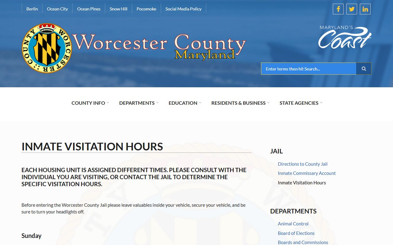 Worcester County inmate records visitation hours