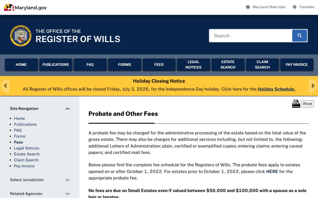 Worcester County probate records Register of Wills fees