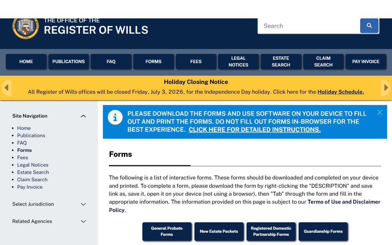 Worcester County probate records Register of Wills forms