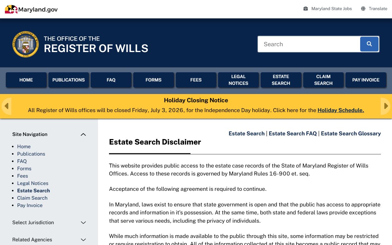 Worcester County probate records Maryland Estate Search