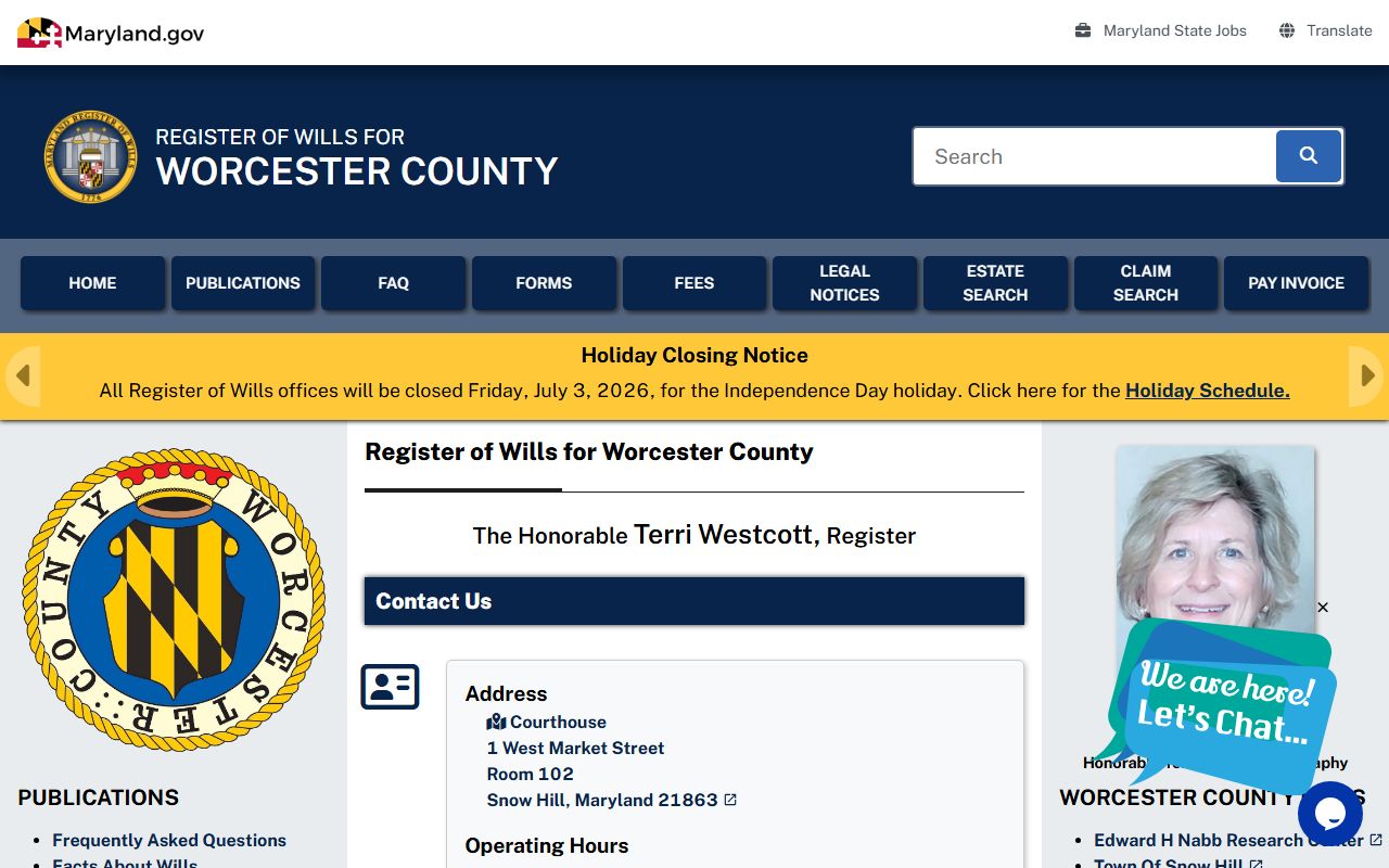 Worcester County probate records Register of Wills page